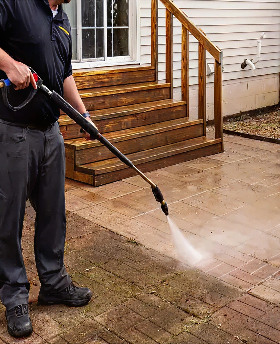A person wearing work clothes is using a pressure washer to clean a brick patio.
