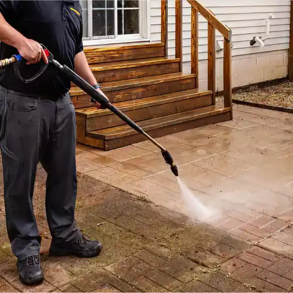 A person wearing work clothes is using a pressure washer to clean a brick patio.