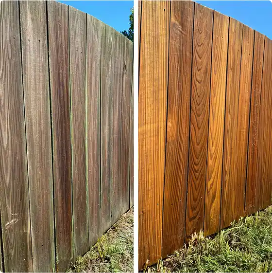 Before and After: PowerShower restores a weathered wooden fence to a clean, vibrant state.